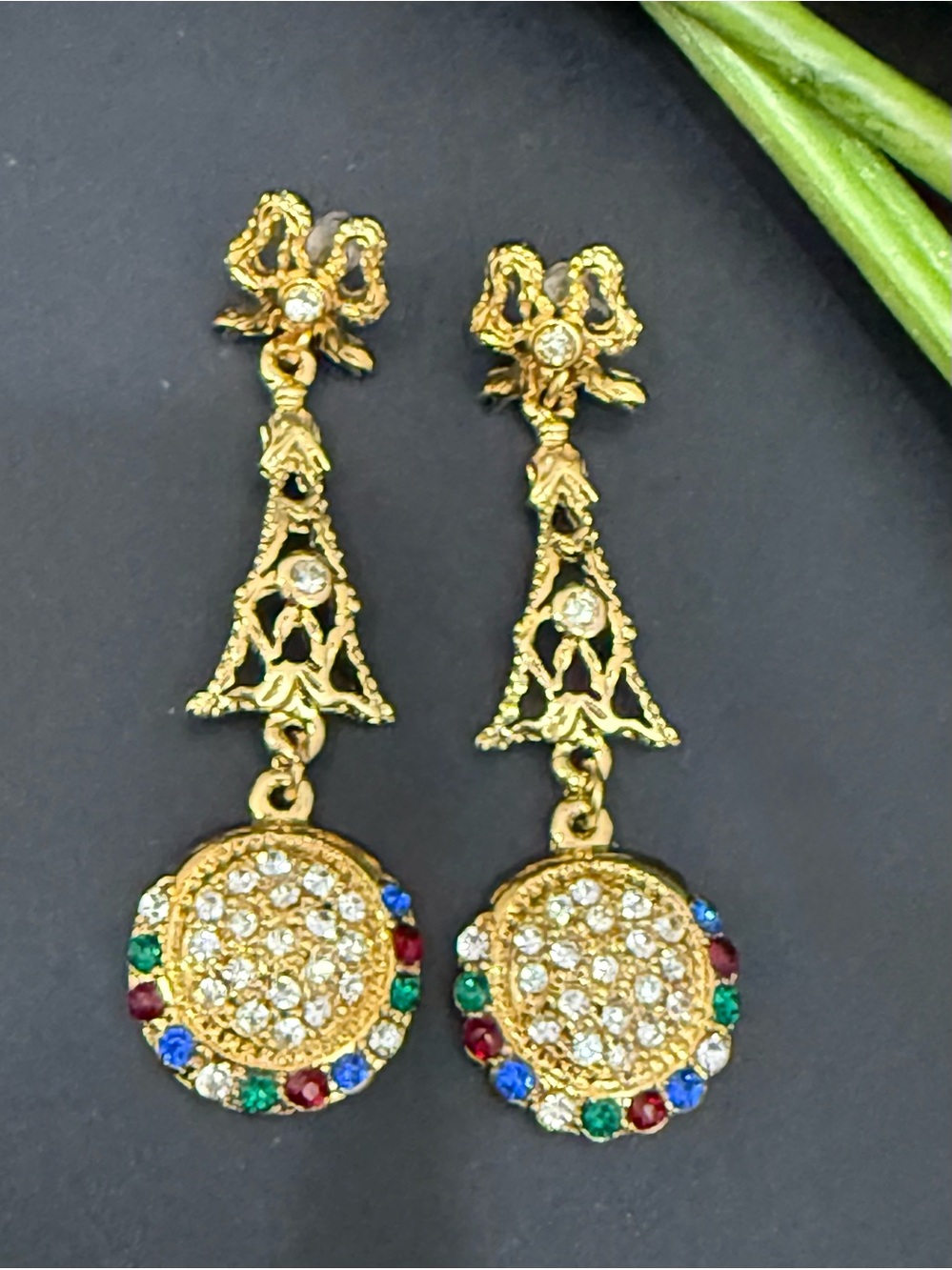 Unsigned Gold-tone Multicolored Rhinestones Drop Statement Earrings